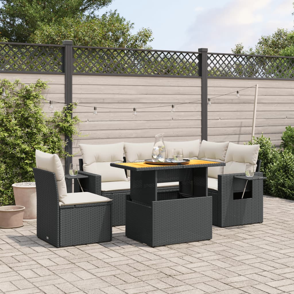 Sofasæt Til Haven 6 Dele Med Hynder Polyrattan - Sort og cremefarvet / Bord + 2x midterdel + 3x hjørnedel