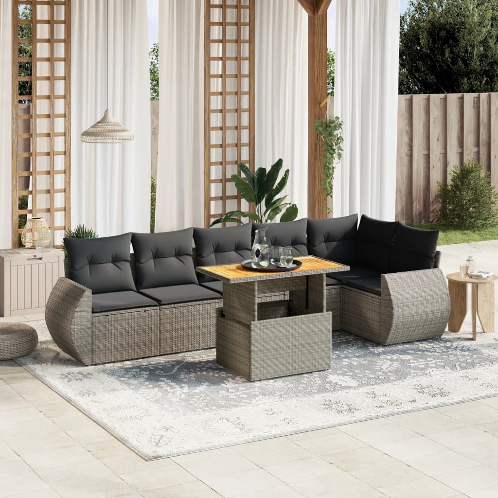 Sofasæt Til Haven 7 Dele Med Hynder Polyrattan - Grå og mørkegrå / 3X midterdel + 3x hjørnedel + bord