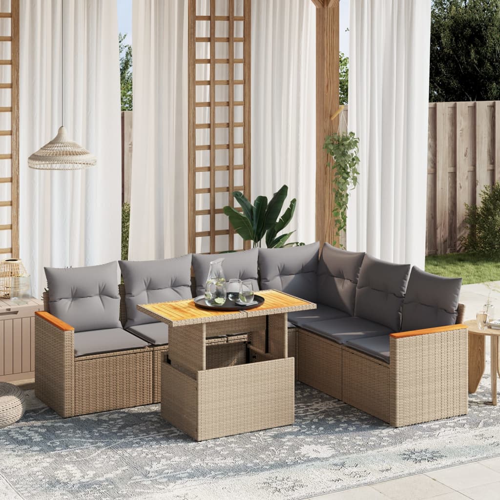 Sofasæt Til Haven 7 Dele Med Hynder Polyrattan - beige og grå / uden opbevaring