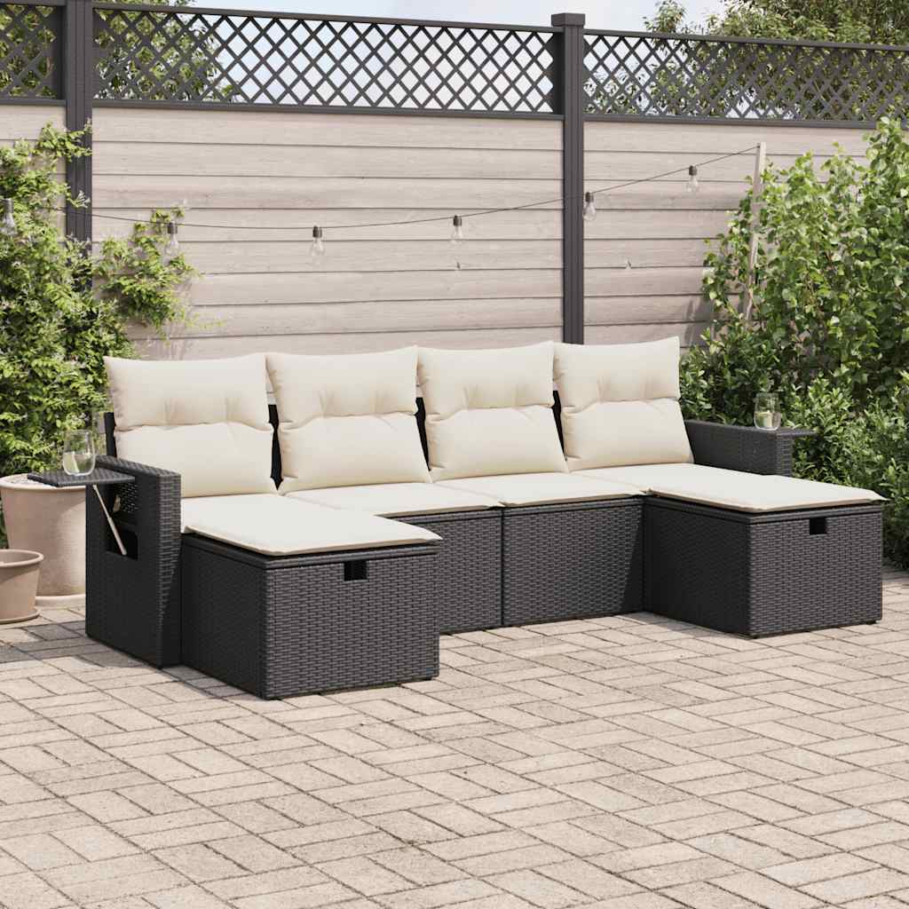 Sofasæt Til Haven 6 Dele Med Hynder Polyrattan - Sort og cremefarvet / Med opbevaring