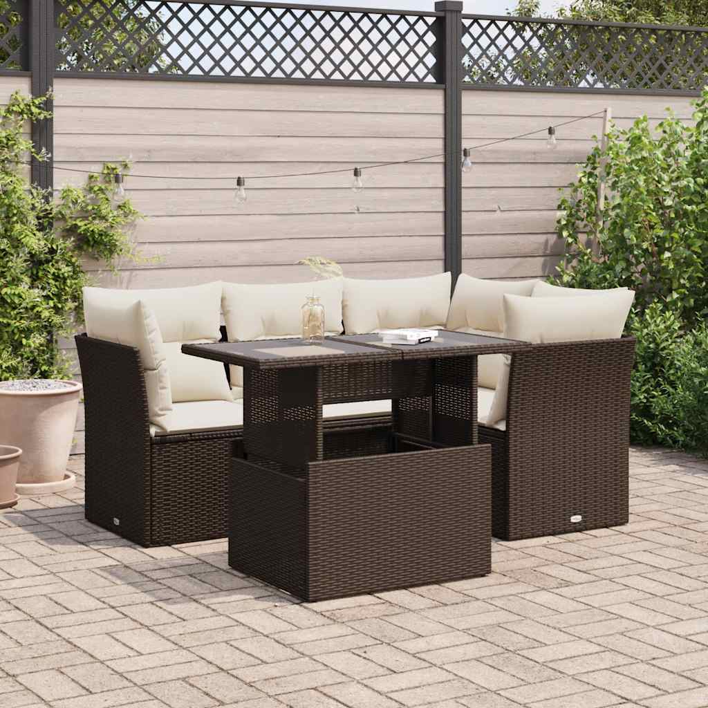 Sofasæt Til Haven 5 Dele Med Hynder Polyrattan - Brun og cremefarvet / med opbevaring