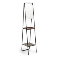 KAVE HOME Benji gulvspejl - sort/brun/glas - metal/valnøddefinér/spejlglas, m. 2 hylder